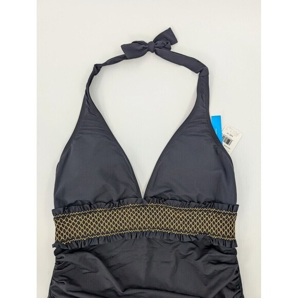 Bleu Rod Beattie Tankini Top Womens 10 Black Halter Metallic Contrast Ruched - Picture 2 of 13